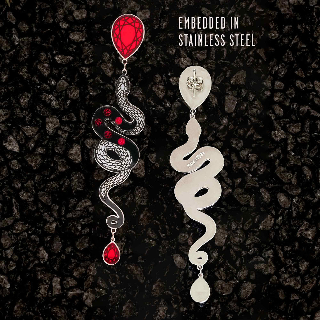 MEDUSA Silver Dangle Snake Stud Earrings | Ruby + Onyx