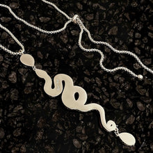Load image into Gallery viewer, Silver snake-shaped pendant necklace on a dark textured background