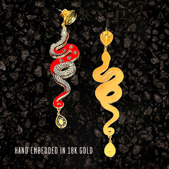 MEDUSA Gold Snake Dangle Earrings | Ruby Red