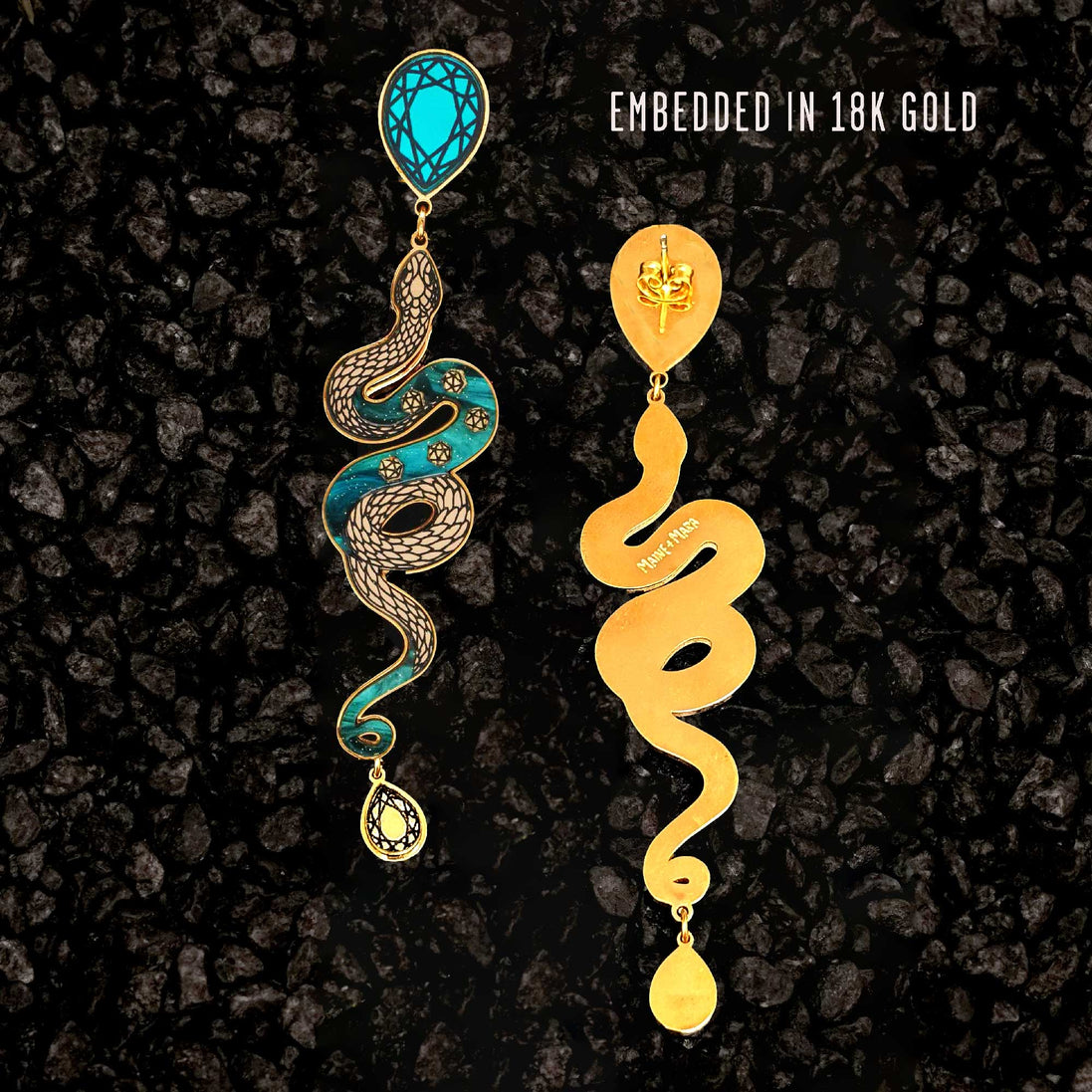 MEDUSA Gold Dangle Snake Earrings | Teal Marble