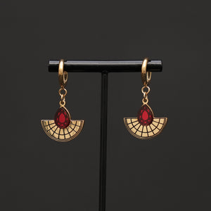 CLEOPATRA CHARMED HUGGIE HOOPS | Ruby Red and Gold Sunburst