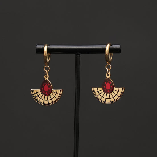CLEOPATRA CHARMED HUGGIE HOOPS | Ruby Red and Gold Sunburst