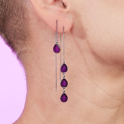 CLEOPATRA MISMATCHED GEM THREADER EARRINGS | Silver