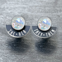 Load image into Gallery viewer, Earrings THEY / THEM / SHE / HER / HOLOGRAPHIC GLITTER FEARLESSLY FLUID Pronoun Studs Changeable Pronoun mini studs | statement earrings