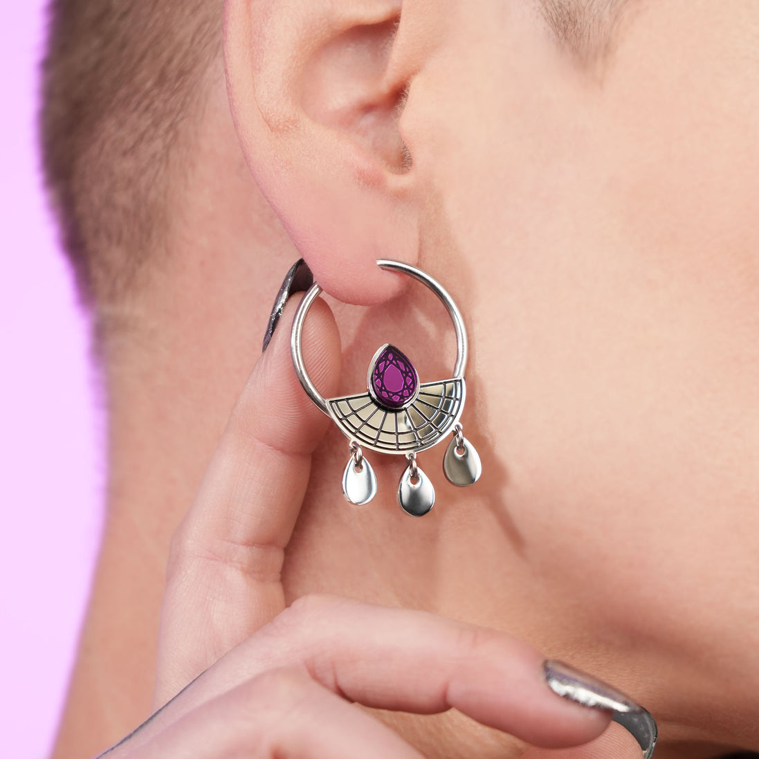 CLEOPATRA SUNBURST DROP HOOP EARRINGS | Silver
