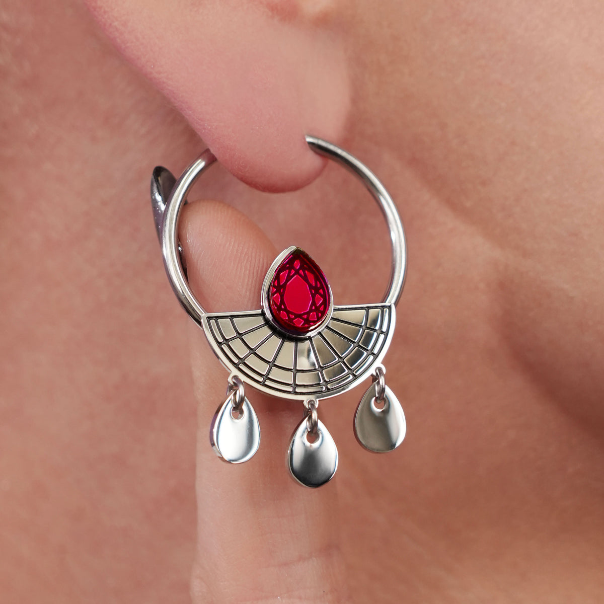 CLEOPATRA SUNBURST DROP HOOP EARRINGS | Silver