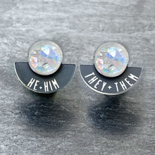 Load image into Gallery viewer, Earrings HE / THEY / HOLOGRAPHIC GLITTER FEARLESSLY FLUID Pronoun Studs Changeable Pronoun mini studs | statement earrings