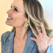 Load image into Gallery viewer, Shaynna Blaze wearing SPREAD YOUR WINGS Grande Art Deco Wings Clip-on Statement Earrings by Maine and Mara