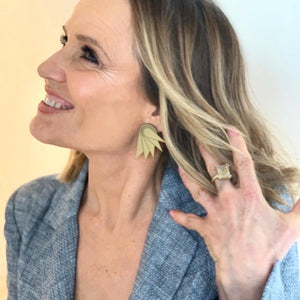 Shaynna Blaze wearing SPREAD YOUR WINGS Grande Art Deco Wings Clip-on Statement Earrings by Maine and Mara