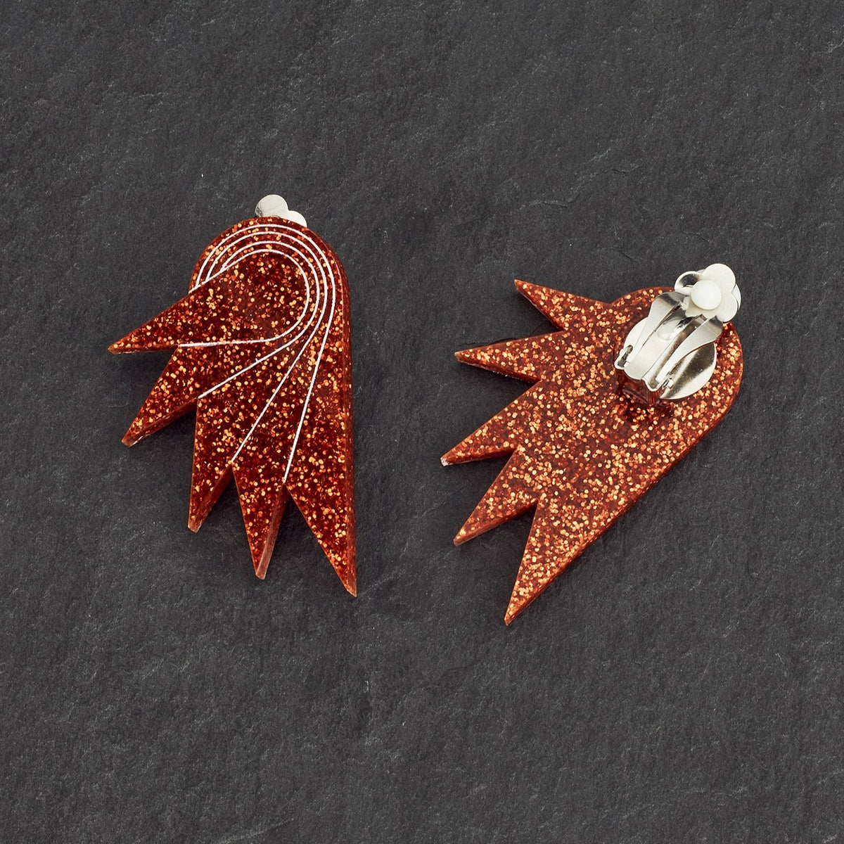 Maine And Mara Handmade Glittery burnt orange clip on art deco earrings