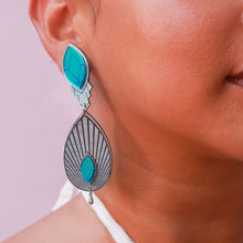 Load image into Gallery viewer, ATHENA | Teal and Silver Art Deco Drop Clip-on Earrings