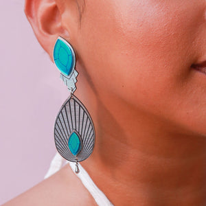 ATHENA | Teal and Silver Art Deco Drop Clip-on Earrings