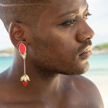 Load image into Gallery viewer, Person Wearing Large Ruby Red And Gold Stackable Earrings Handmade in Australia by Maine And Mara