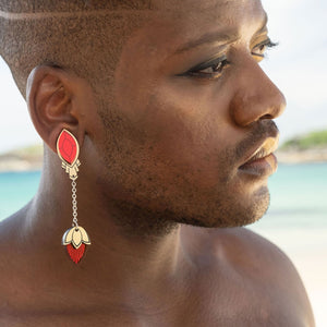 Person Wearing Large Ruby Red And Gold Stackable Earrings Handmade in Australia by Maine And Mara