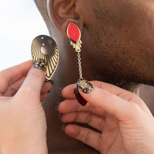 Load image into Gallery viewer, Handmade Maine And Mara Magnetic Stackable Ruby Red And Gold CLIP ON ATHENA Earrings Worn By Person