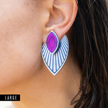 Load image into Gallery viewer, Closeup Of Maine And Mara THE ATHENA Purple and Silver Customisable Drop Earrings worn By Person