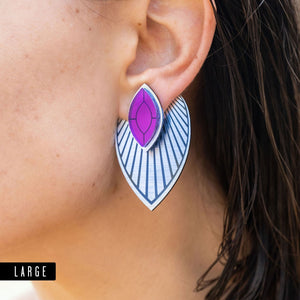 Closeup Of Maine And Mara THE ATHENA Purple and Silver Customisable Drop Earrings worn By Person