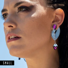 Load image into Gallery viewer, Person Wearing Australian Made Maine And Mara THE ATHENA Purple and Silver Art Deco Stackable Drop Earrings
