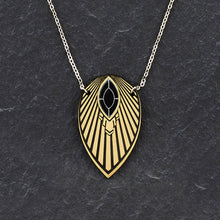 Load image into Gallery viewer, Necklace ATHENA I Black and Gold Art Deco Pendant Long Necklace The Athena emerald &amp; gold unique long necklaces