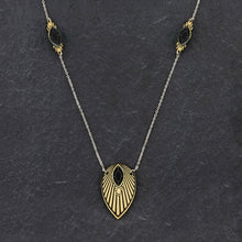 Load image into Gallery viewer, Necklace ATHENA I Black and Gold Art Deco Pendant Long Necklace The Athena emerald &amp; gold unique long necklaces