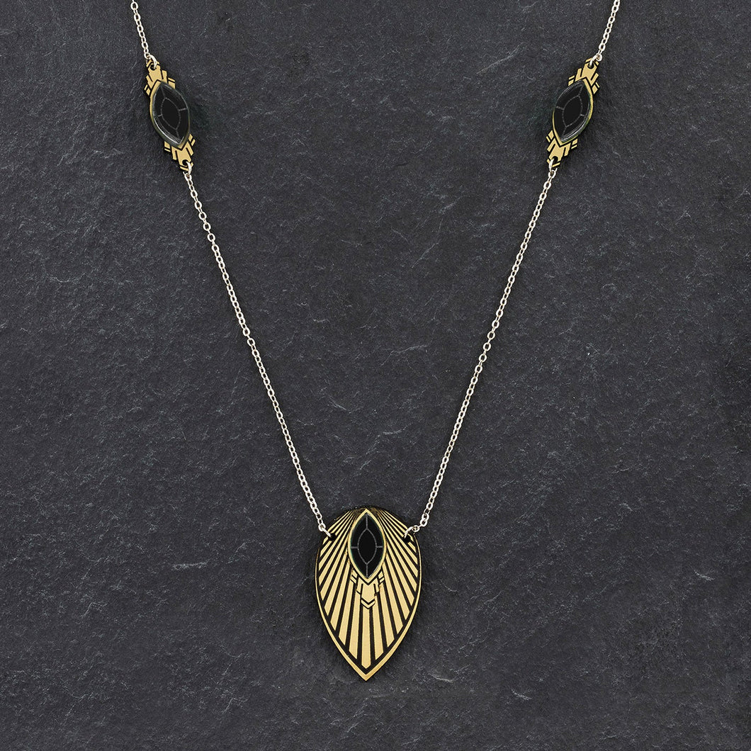 Necklace ATHENA I Black and Gold Art Deco Pendant Long Necklace The Athena emerald & gold unique long necklaces