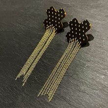 Load image into Gallery viewer, Maine And Mara Unisex Matte Black Gold Cross BISOUS KISSES + KINKS STUDS Statement Dangles With Long Gold Dangle Chains