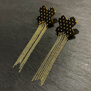Maine And Mara Unisex Matte Black Gold Cross BISOUS KISSES + KINKS STUDS Statement Dangles With Long Gold Dangle Chains