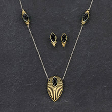 Load image into Gallery viewer, Necklace ATHENA I Black and Gold Art Deco Pendant Long Necklace The Athena emerald &amp; gold unique long necklaces