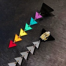 Load image into Gallery viewer, Clip on GET DOWN Pride Rainbow Triangle Dangle Statement Earrings by Maine and Mara displaying front and back