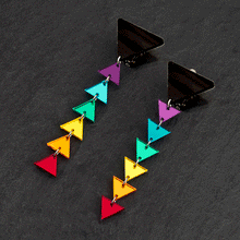 Load image into Gallery viewer, Clip on GET DOWN Pride Rainbow Triangle Dangle Statement Earrings by Maine and Mara