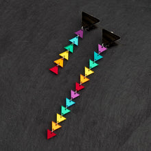 Load image into Gallery viewer, Mismatched length Clip on GET DOWN Pride Rainbow Triangle Dangle Statement Earrings by Maine and Mara