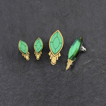Load image into Gallery viewer, Maine and Mara ATHENA Art Deco emerald gem and gold Stud Earrings without shield displayed in large and small