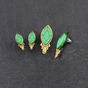 Maine and Mara ATHENA Art Deco emerald gem and gold Stud Earrings without shield displayed in large and small