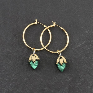 Handmade Maine And Mara Athena gold hoop earrings with emerald gem pendant charms