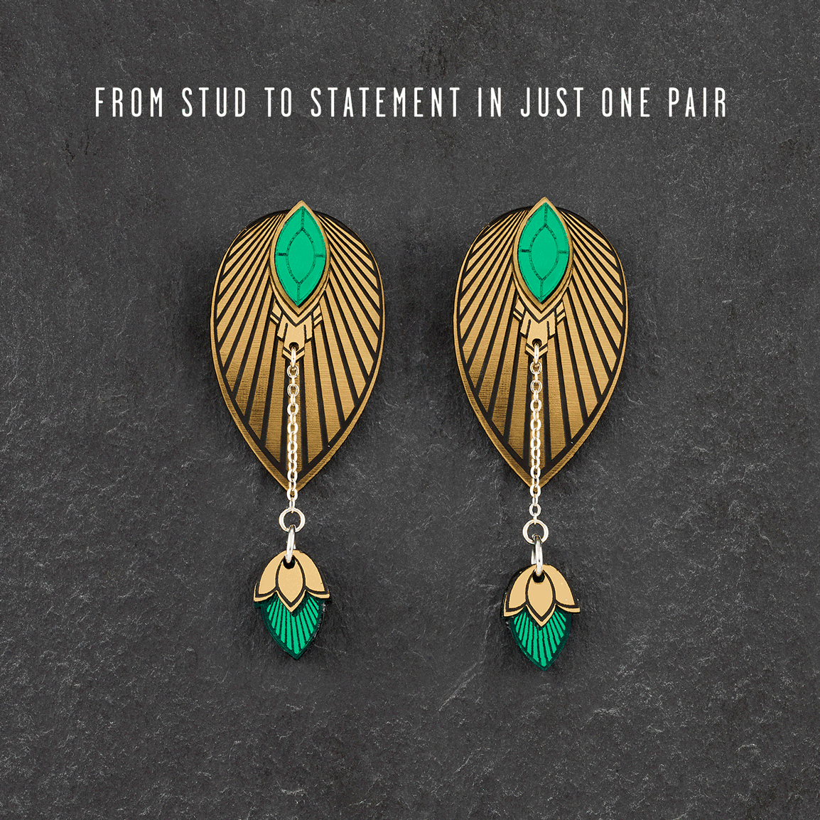 Pair Of Maine And Mara Emerald Green And Gold Stackable Statement Earrings, Handmade in Australia