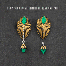 Load image into Gallery viewer, Pair Of Maine And Mara Emerald Green And Gold Stackable Statement Earrings, Handmade in Australia