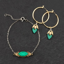 Load image into Gallery viewer, Handmade Maine And Mara Athena gold hoop earrings with emerald gem pendant and matching bracelet