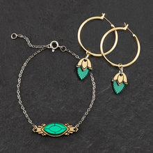 Load image into Gallery viewer, Handmade Maine and Mara ATHENA Emerald Gem and Silver Art Deco Bracelet with matching hoop pendant earrings