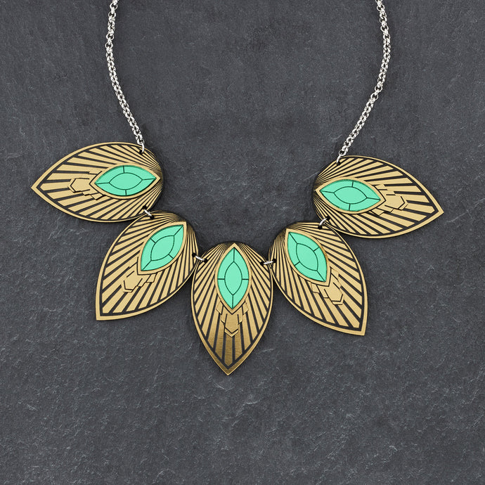 Australian Handmade Maine and Mara ATHENA Emerald Green and Gold Art Deco Collar Necklace