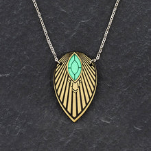 Load image into Gallery viewer, Closeup of the Maine and Mara ATHENA Emerald Green and Gold Art Deco Long Necklace Pendant