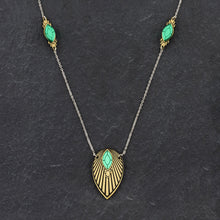 Load image into Gallery viewer, Maine And Mara Gold Art Deco Necklace With Emerald Gems And Gold Pendant, Handmade in Australia