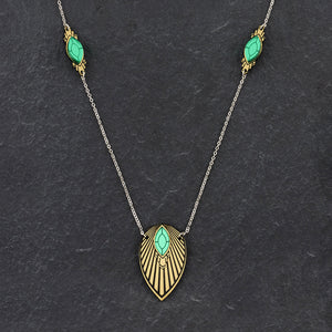 Maine And Mara Gold Art Deco Necklace With Emerald Gems And Gold Pendant, Handmade in Australia