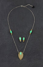 Load image into Gallery viewer, Handmade Maine and Mara ATHENA Emerald Green and Gold Art Deco Long Necklace with studs