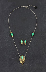 Handmade Maine and Mara ATHENA Emerald Green and Gold Art Deco Long Necklace with studs