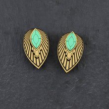 Load image into Gallery viewer, Australian-made ATHENA Art Deco Stackable emerald and gold Stud Earrings with shield by Maine and Mara