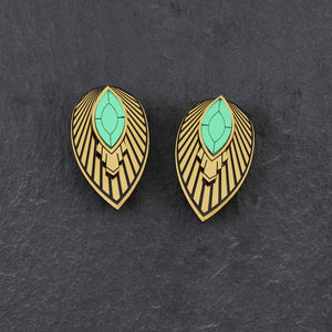 Australian-made ATHENA Art Deco Stackable emerald and gold Stud Earrings with shield by Maine and Mara