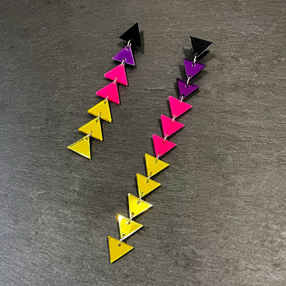 Maine And Mara Retro Colourful Triangle Mismatched Length Statement Earrings Nik West Style, Handmade in Australia