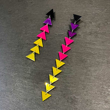 Load image into Gallery viewer, Maine And Mara Retro Colourful Triangle Mismatched Length Statement Earrings Nik West Style, Handmade in Australia