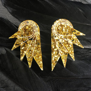 Pair Of Maine And Mara Gold Glitter Grande Wing Statement Earrings, Handmade In Australia