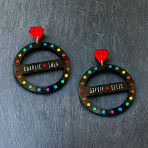Australian Made Maine And Mara Personalised GRANDE CROWN JEWEL Hoop Earrings In Pride Rainbow And Black
